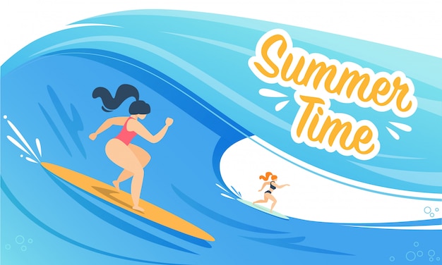 Banner de horario de verano con mujer surfeando sobre las olas