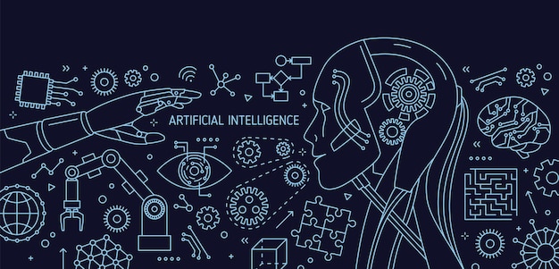 Banner horizontal con android, brazo robótico y manipulador, dispositivos de alta tecnología dibujados con líneas de contorno sobre fondo azul. Inteligencia artificial o de máquinas. Ilustración vectorial en estilo lineart