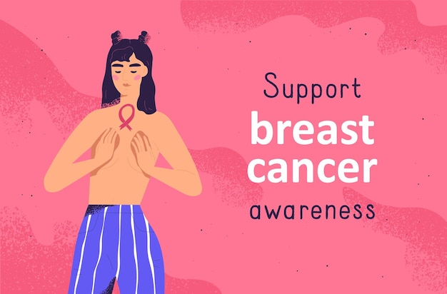 Banner horizontal de apoyo a la conciencia del cáncer de mama vector ilustración plana. promoción del movimiento social femenino global con lugar para texto. mujer con símbolos de cinta rosa. unidad internacional de mujeres.
