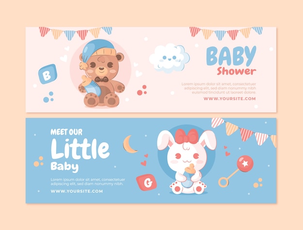 Banner horizontal de baby shower de diseño plano