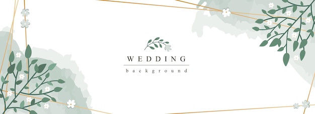 Vector banner horizontal de boda invitación de boda elegante con flores blancas abstractas con hojas verdes en borde dorado ilustración vectorial para plantillas de portada de sitio web de encabezado en diseño moderno