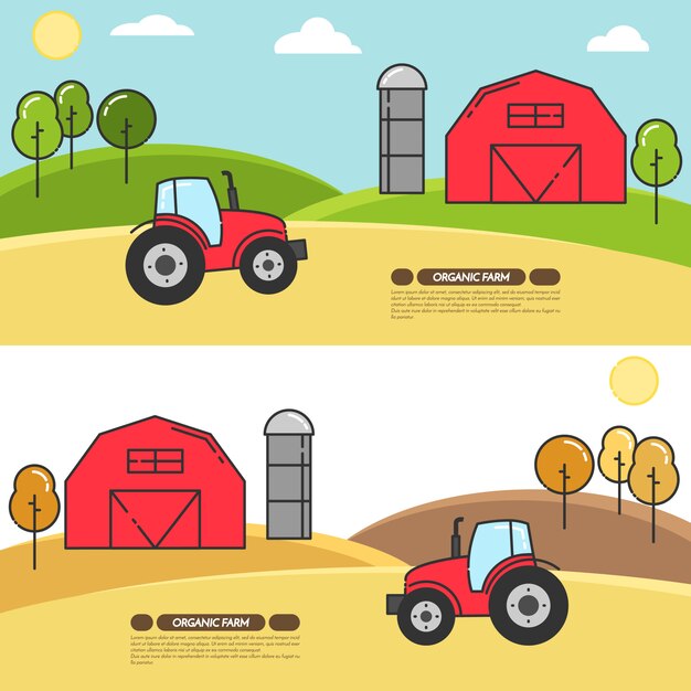 Banner horizontal casa de campo. Paisaje de granja con granero, tractor, campos.