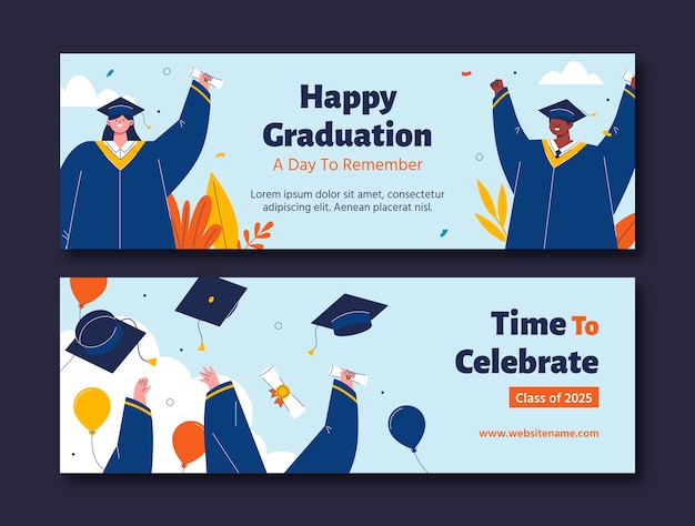 Banner horizontal de celebración de graduación de diseño plano