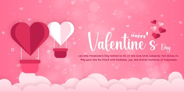Banner horizontal con cielo rosa y nubes cortadas en papel Lugar para texto Feliz día de San Valentín encabezado de venta o plantilla de vale con corazones Marco de borde de paisaje de nubes rosa colores pastel