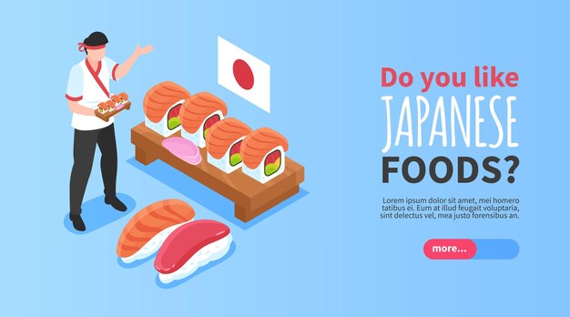 Banner horizontal de comida japonesa con personaje masculino en ropa nacional que ofrece probar sushi ilustración vectorial isométrica