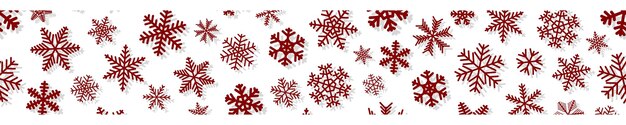 Banner horizontal sin costuras de Navidad de copos de nieve de diferentes formas y tamaños con sombras rojo sobre blanco