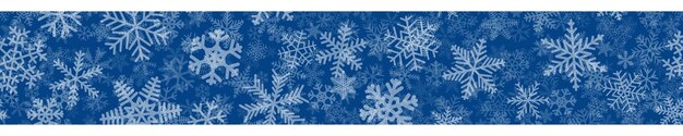 Banner horizontal sin costuras de Navidad de muchas capas de copos de nieve de diferentes formas, tamaños y transparencia Blanco sobre azul