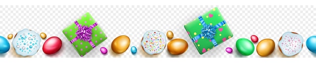 Banner horizontal sin costuras con pasteles de huevos de Pascua de colores realistas repetidos horizontalmente y cajas de regalo con sombras suaves sobre fondo transparente