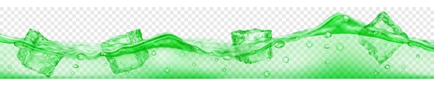Banner horizontal con cubitos de hielo translúcidos y burbujas de aire flotando en agua sobre fondo transparente. Ilustración de vector en colores verdes. Transparencia solo en formato vectorial