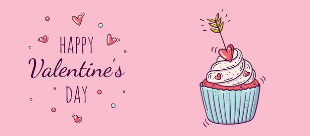 Vector banner horizontal con cupcake decorado con flecha con un corazón rojo en estilo doodle para el día de san valentín.