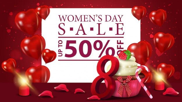 Banner horizontal de descuento rojo para el día de la mujer.