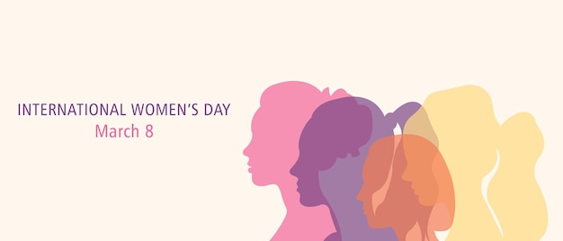 Banner horizontal para el día internacional de la mujer.siluetas de mujeres de pie una al lado de la otra.vector.