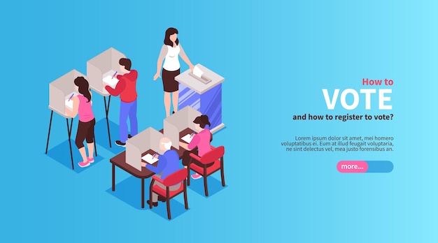 Vector banner horizontal de elección isométrica con botón de texto editable y personajes humanos de personas votantes con boletas