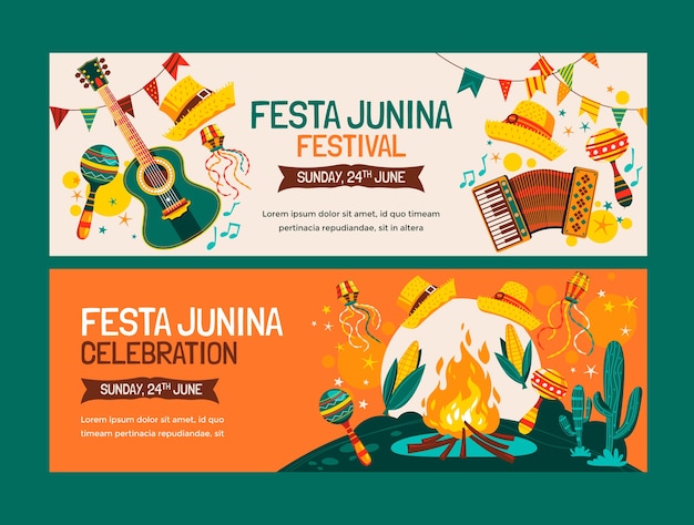 Vector banner horizontal de fiesta juninas dibujado a mano