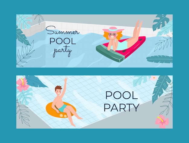 Banner horizontal de fiesta en la piscina de dibujos animados