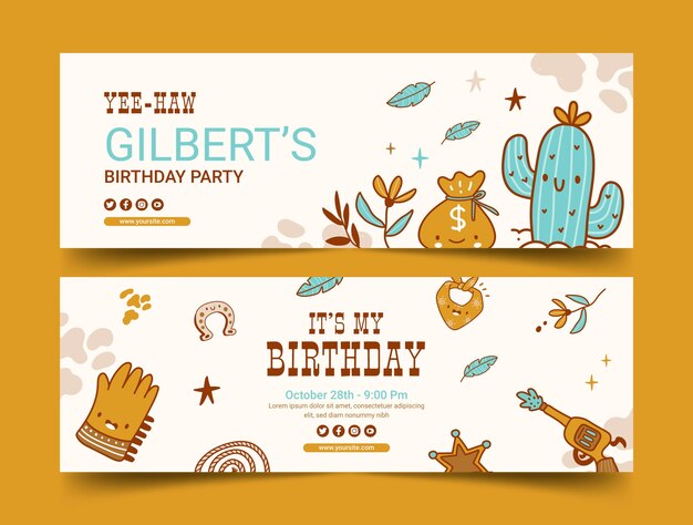 Banner horizontal de fiesta de vaquero dibujado a mano