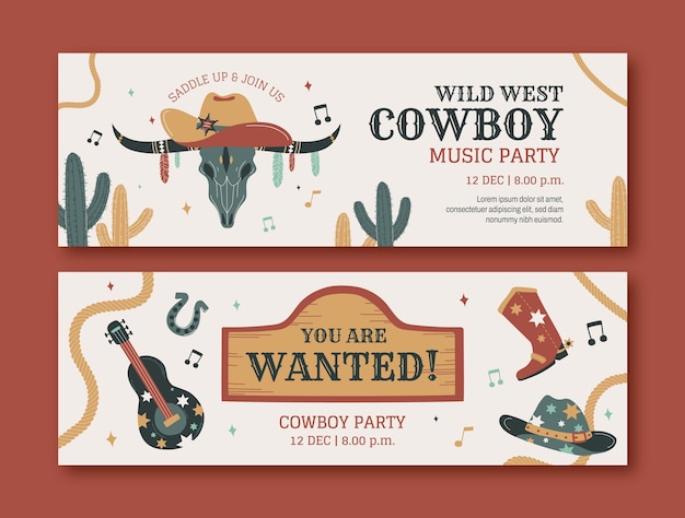 Vector banner horizontal de fiesta de vaquero dibujado a mano