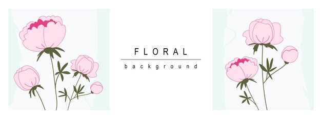 Banner horizontal floral de la web Rosos ramos de peonía en flor con hojas verdes en un fondo abstracto Flores de verano en el fondo Ilustración vectorial para plantillas de portada de sitios web de encabezado en diseño moderno