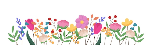 Banner horizontal con flores silvestres ilustración de vector botánico de primavera aislado sobre fondo blanco