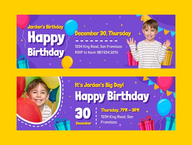 Banner horizontal de globos de cumpleaños de diseño plano