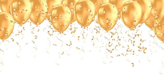 Banner horizontal con globos de helio dorado.