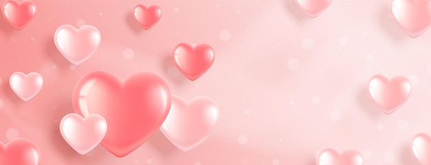 Banner horizontal con globos rosa en forma de corazón sobre un fondo rosa. Ilustración romántica para el Día de San Valentín y el Día Internacional de la Mujer.