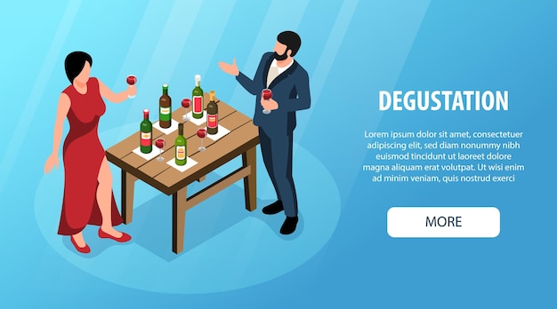 Banner horizontal isométrico de vino con degustación y símbolos de variedad ilustración vectorial