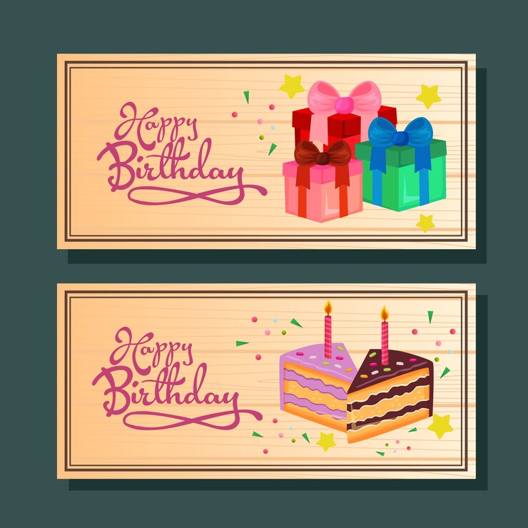 Banner horizontal lindo cumpleaños con presente y pastel