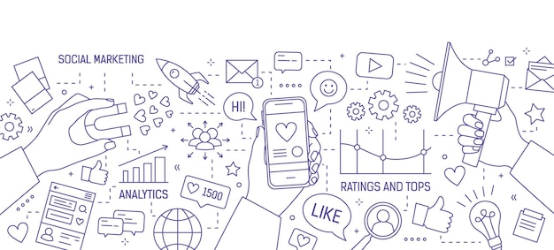 Banner horizontal con manos sosteniendo imán, megáfono y teléfono móvil dibujado con líneas de contorno sobre fondo blanco. Marketing en redes sociales, optimización seo. Ilustración vectorial en estilo lineart.