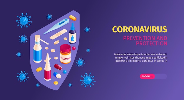 Banner horizontal de medicina isométrica y coronavirus.