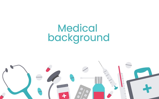 Banner horizontal médico con iconos relacionados con el hospital, la clínica. Borde vectorial de color plano, marco para póster de diseño, volante, folleto, bage web. Ilustración aislada con espacio de copia.