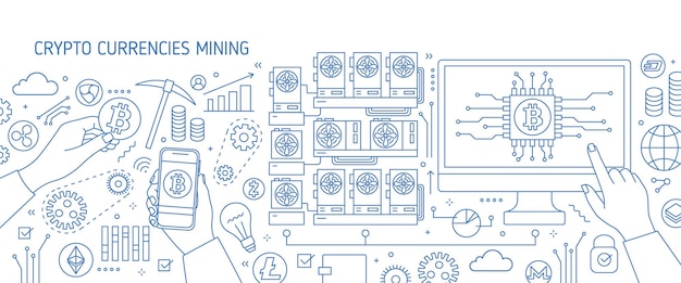 Banner horizontal con monitor de computadora, teléfono inteligente de mano, símbolos de bitcoin. granja, hardware o equipo de minería de criptomonedas o moneda digital. ilustración de vector de estilo de arte lineal