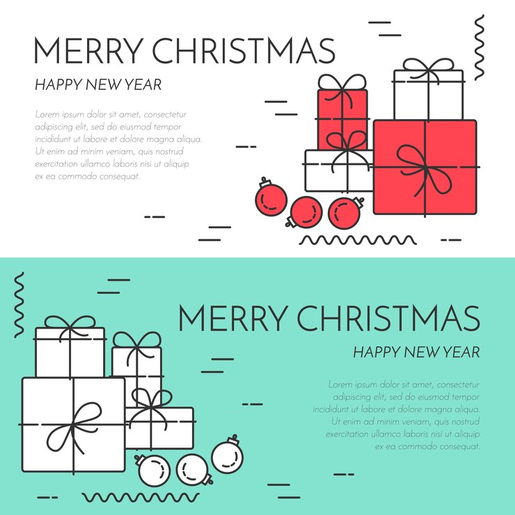 Vector banner horizontal de navidad y año nuevo con regalos y decoraciones en el arte de línea.
