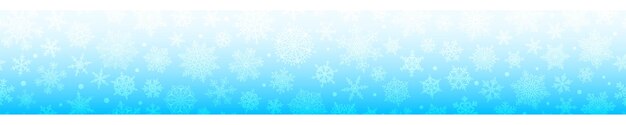 Banner horizontal de Navidad de copos de nieve complejos grandes y pequeños con repetición horizontal perfecta, en colores azul claro. Fondo de invierno con nieve cayendo