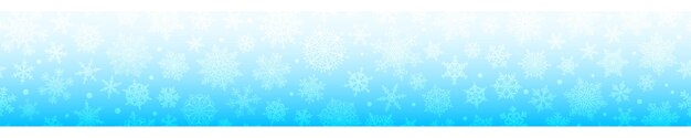 Banner horizontal de navidad de copos de nieve complejos grandes y pequeños con repetición horizontal perfecta, en colores azul claro. fondo de invierno con nieve cayendo