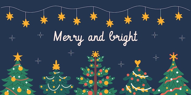 Banner horizontal de Navidad feliz y brillante con abetos decorados
