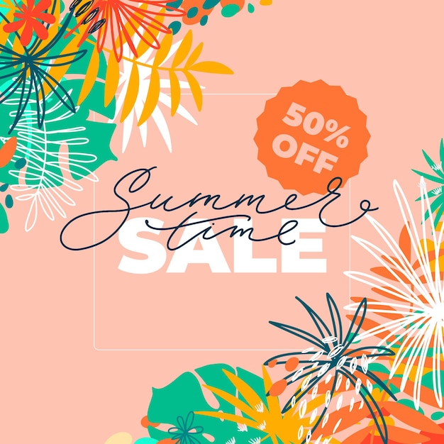 Banner horizontal de oferta especial de horario de verano con hojas tropicales y elementos planos Plantilla vectorial para anuncios promocionales de ventas Ilustración vectorial floral brillante con bloques de texto