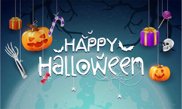 Banner horizontal oscuro feliz halloween un grupo de d ilustraciones de manos encima de calabazas un regalo