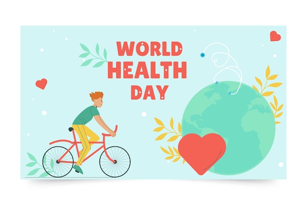 Vector banner horizontal plano del día mundial de la salud un hombre monta una bicicleta