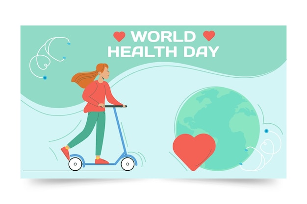 Vector banner horizontal plano del día mundial de la salud una mujer montando un scooter