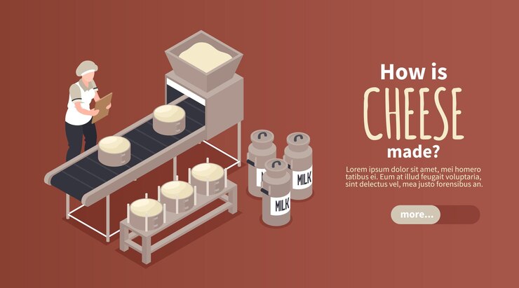 Vector banner horizontal de producción de queso isométrico con imagen de transportador industrial con texto editable del trabajador e ilustración de vector de botón