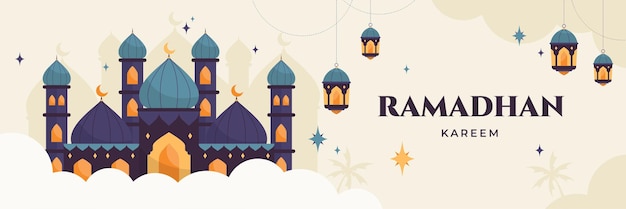 Banner horizontal de ramadán con elemento de diseño plano