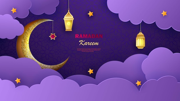 Banner horizontal de Ramadán Kareem con estrellas y nubes arabescos 3d