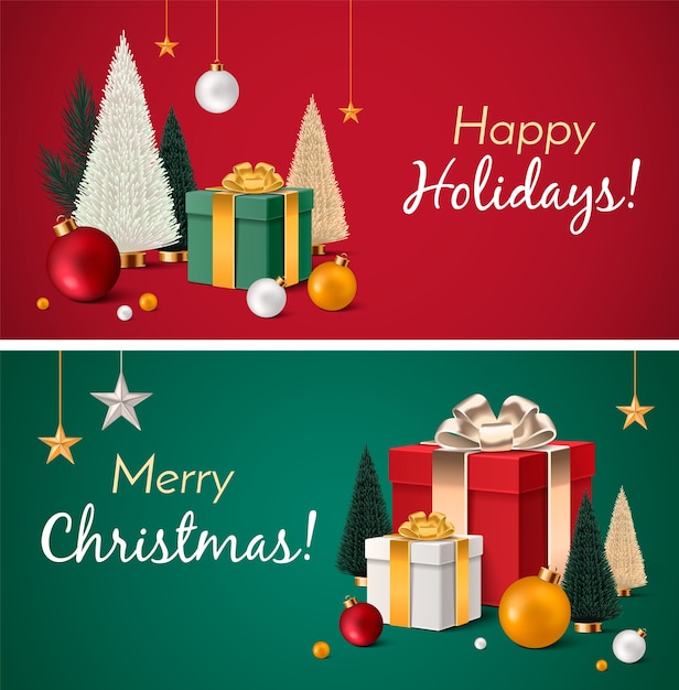 Banner horizontal realista de Navidad con decoración.