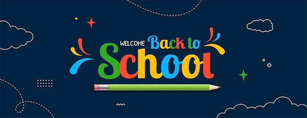 Banner horizontal de regreso a la escuela con letras coloridas cursos en línea de aprendizaje y tutoriales