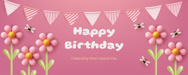 Banner horizontal en rosa con una ilustración en 3D con globos de flores abejas para el diseño de cumpleaños