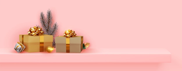 Banner horizontal rosa navideño. Estante y podio con espacio para texto. Cajas de regalos realistas, ramas de pino y abeto. Diseño de fondo de Navidad, presenta caja de regalo. ilustración vectorial