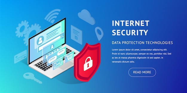 Banner horizontal de seguridad isométrica de internet sobre fondo azul. ilustración de protección de datos con laptop, pantalla 3d y escudo. concepto de seguridad e información personal confidencial.