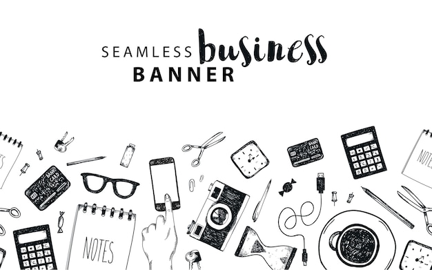 Banner horizontal transparente, negocios, fondo de doodle independiente, conjunto de objetos aislados. herramientas de oficina, dibujadas a mano, blanco y negro