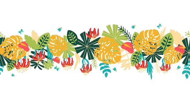 Banner horizontal tropical frontera sin costuras de fiesta salvaje cartel de panorama de verano de licencia tropical bandera de hojas exóticas frontera floral sin costuras de selva diseño gráfico botánico ilustración de vector brillante